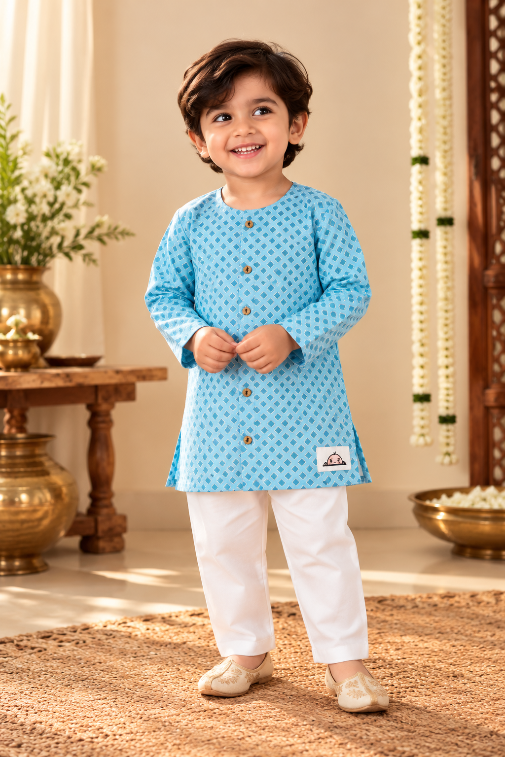 The Little Yuvraj – Turquoise Printed Kurta & White Pajama Set