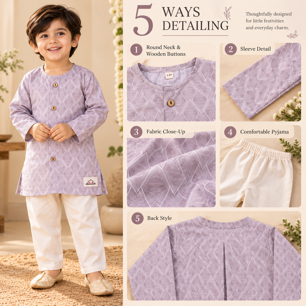 The Little Nawab – Lavender Printed Kurta & Pajama Set