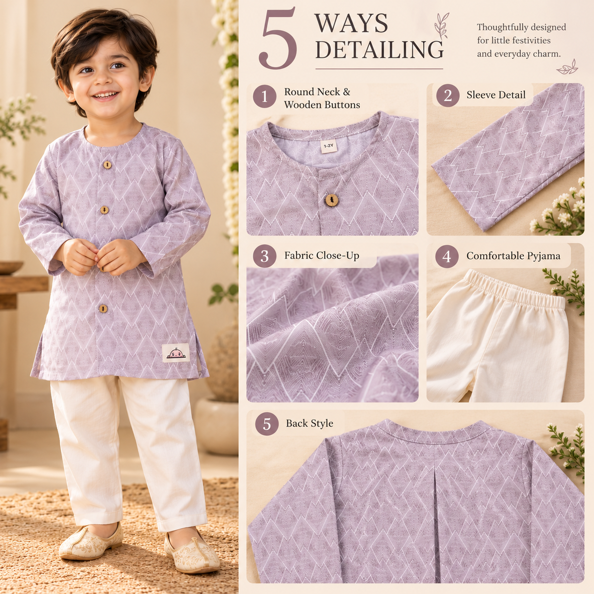 The Little Nawab – Lavender Printed Kurta & Pajama Set