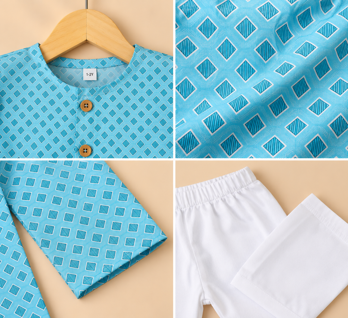 The Little Yuvraj – Turquoise Printed Kurta & White Pajama Set